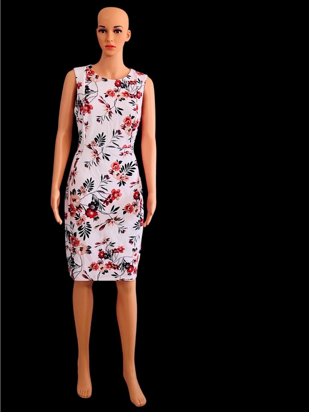 Calvin Klein White Floral Sheath Dress with Red Bloom Print